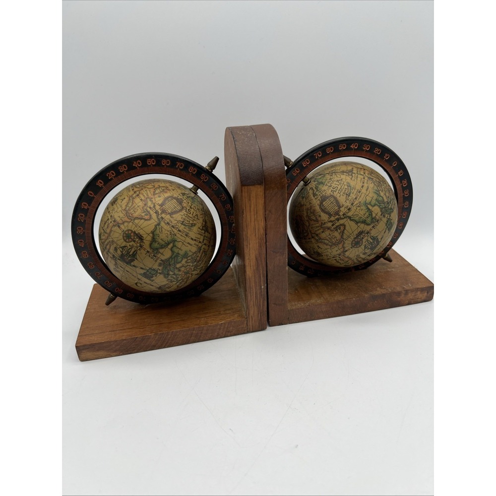 Set of 2 VTG Wooden Old World Spinning‎ Globe Bookends Office Decor 5.75